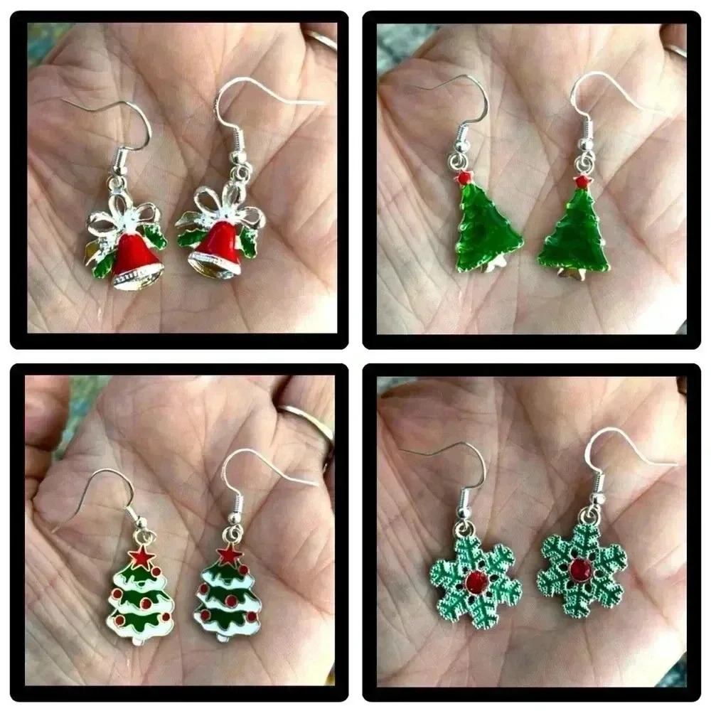 4 Pairs Christmas Earrings 925 Sterling Silver Tree Bell Snowflake